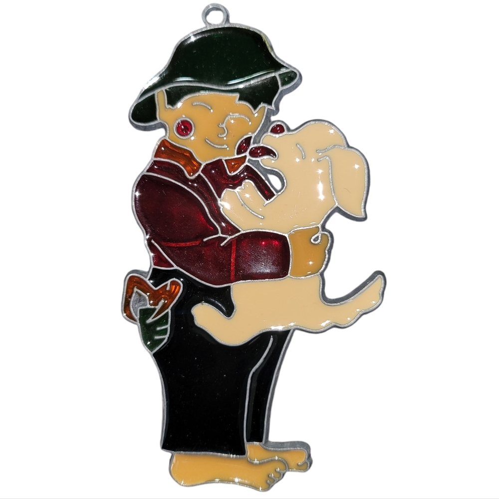 Vntg Handmade Stained Glass Huckleberry Holding His Puppy Suncatcher Ornament